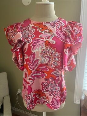 THML Pink & Coral Floral Ruffle Puff Sleeve Silk Blouse XS gameday